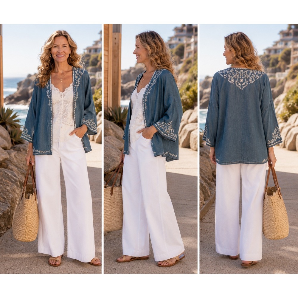 Coldwater Creek Boho Cottage Chic 100% Cotton Blue Denim Embroidered Kimono PXL